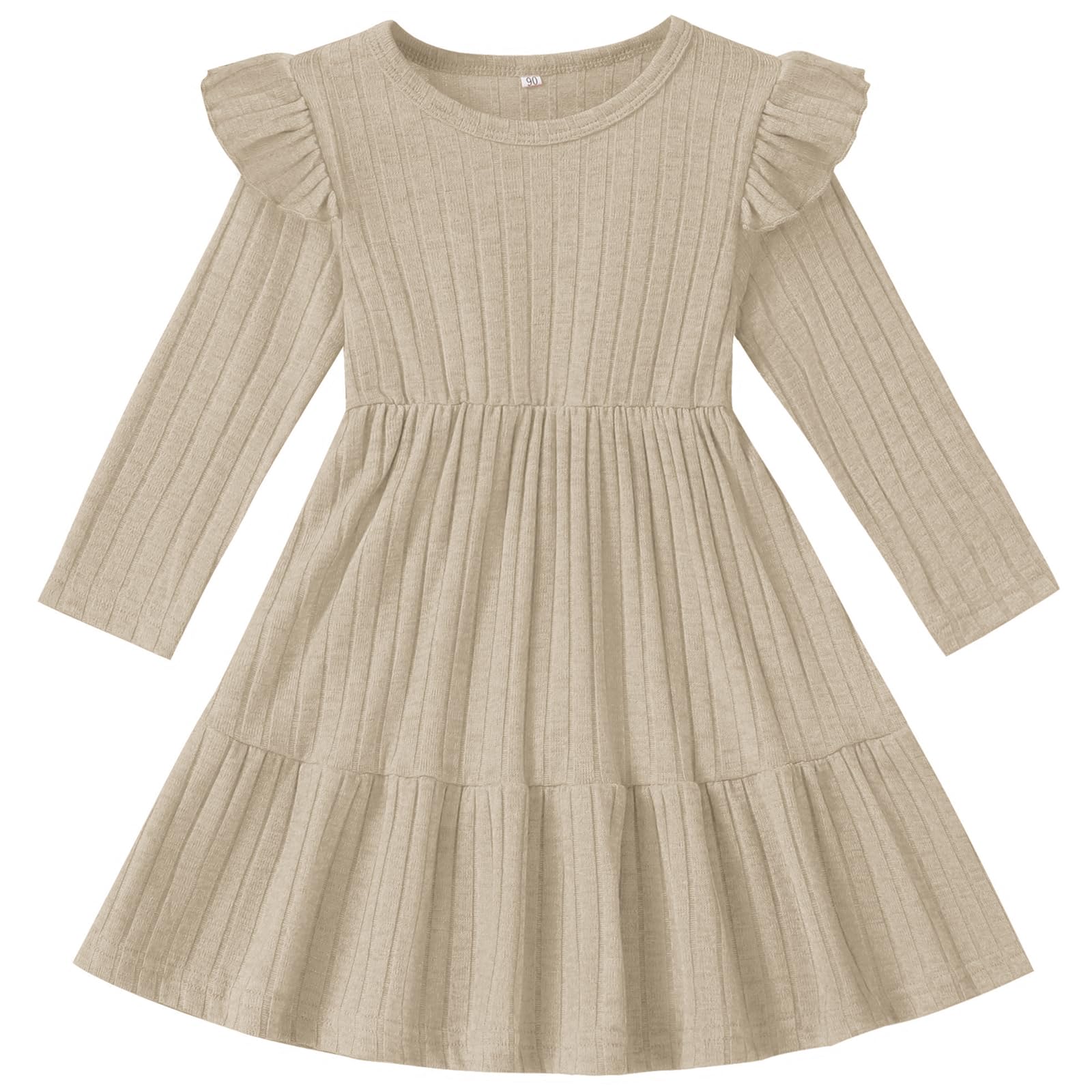 Photo 1 of NARPLO Toddler Girls Dresses Ribbed Knit Ruffle Baby Fall Winter Long Sleeve Toddler Dresses for Girls Casual Birthday Party Apricot