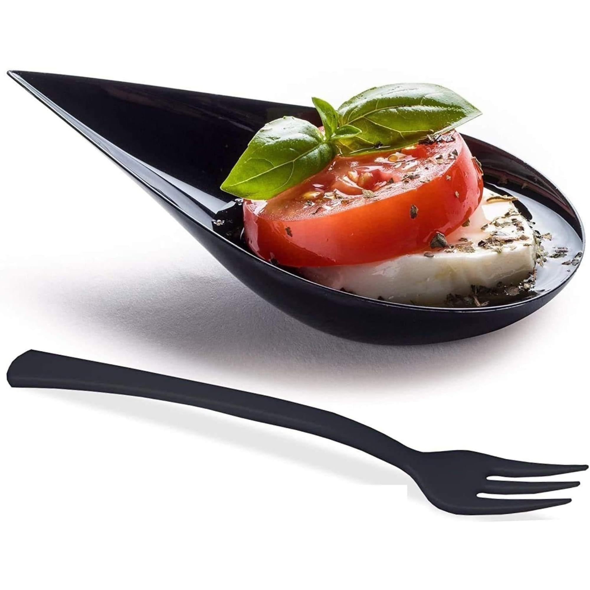 DLux 100 4-in Tear Drop Mini Appetizer Plates with Forks, re-usable Black Plastic Spoons - Desserts and Appetizers Dishes Serving Plate - Asian Spoon Set, Small Catering Dessert Tasting Cups