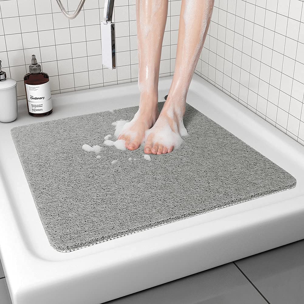 Corner Shower Mat, Non Slip Anti Mould Bath Mat 53 x 53 cm, Loofah Shower Mats for Inside Shower, Quadrant Bath Mats with Drain, Washable Sector Bath Mat for Bathroom Floor, Elderly,Quick Dry (White)