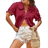 Tankaneo Womens Puff Sleeve Shirts Peter Pan Collar Button Down Cotton Blouse Casual Summer Textured Tops
