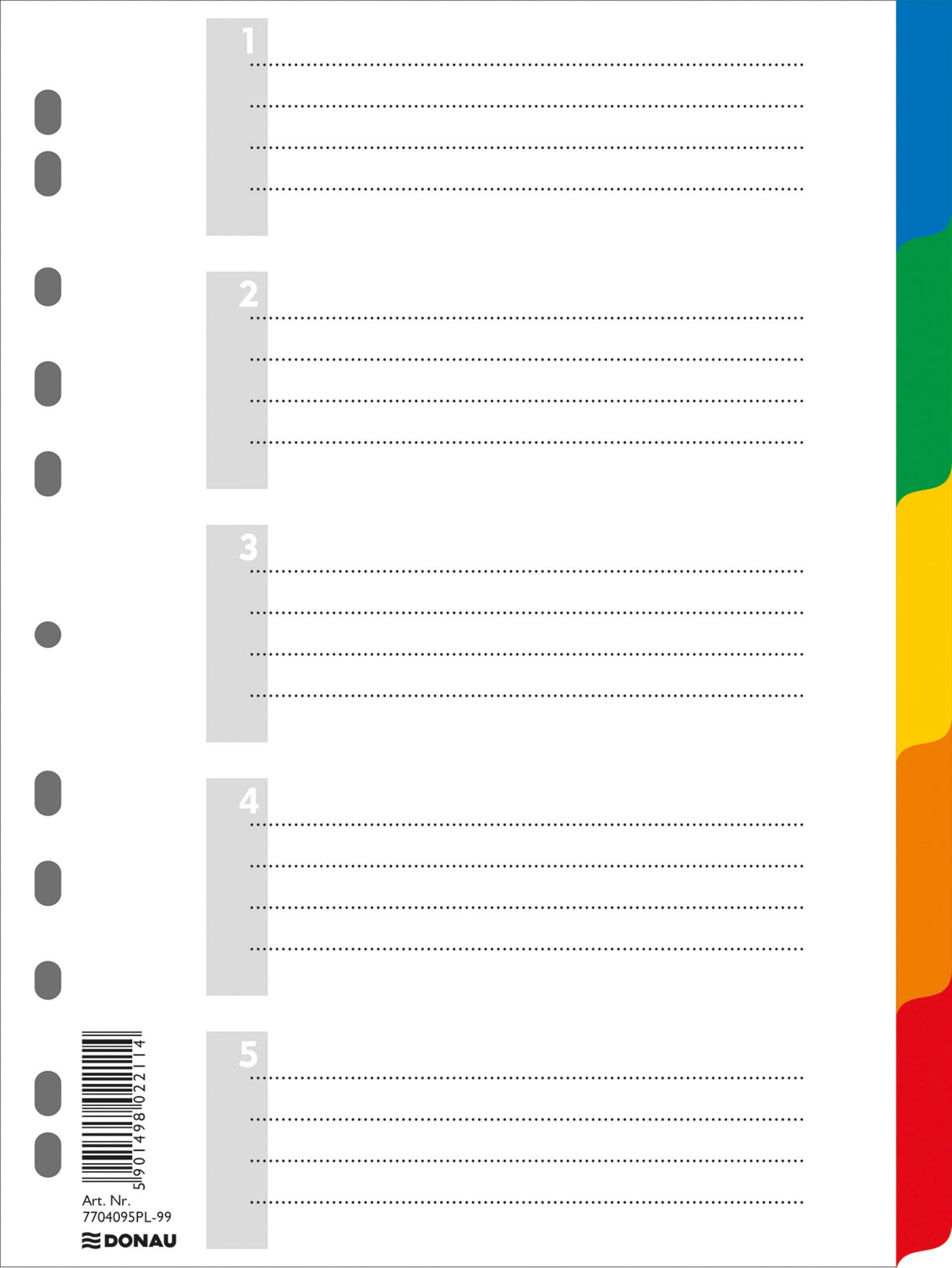 Dividers DONAU PP A4 225x297mm 5+1 Sheets Assorted Colours/Document Archiving/Type-A4 / Kind-with a Description Card/Index-Does Not Have/Material-PP/Colour-Assorted Colours/Format-A4