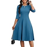 CLOCOR Casual Midi Dresses for Women A-Line Fit and Flare Elegant Church 3/4 Sleeve Crew Neck Dress with Pocket