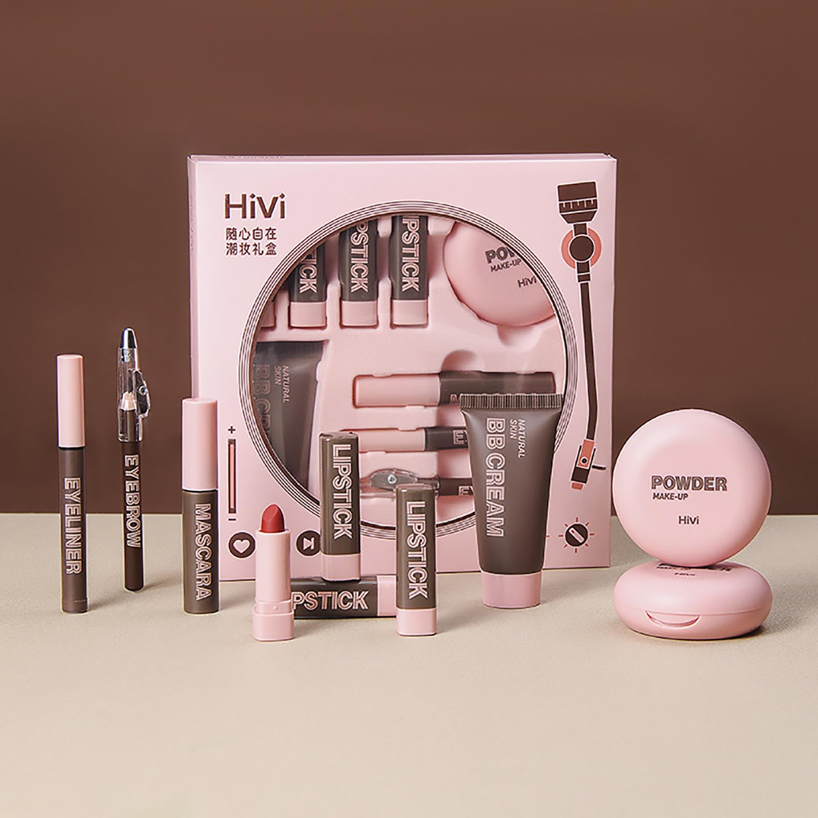 HiVi Makeup Set, Cosmetics Set, 9 Piece Set (1 x Foundation, 1 x Compact Powder, 1 x Eyeliner, 1 x Eyebrow Pen, 1 Mascara, Lipstick x 4), Full Beauty Makeup Set, Long Lasting, Makeup Set, Beginners,
