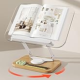 BYMECOST Acrylic Book Stand for Reading, 360°Rotating Book Holder with Pen Slot, Adjustable Height and Angle, Elastic Clips f