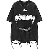 Verdusa Men Ripped Graphic Tees Short Sleeve Drop Shoulder Grunge Punk Oversized Tshirts Emo Scene Clothes Streetwear