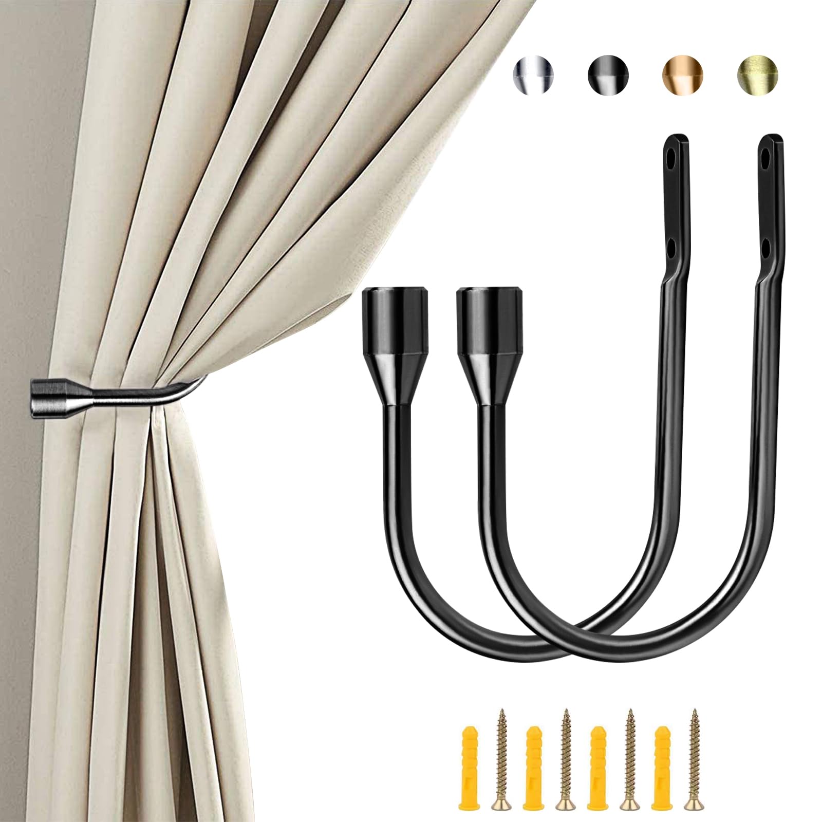 ALEENFOON Curtain Tieback Hooks U Style Metal Tie Backs for Curtains Modern Design Tiebacks for Voiles Curtain Holdback 2 Pack (Metallic Black)