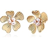 Teppdfann 14K Gold Plated Flower Pearl Stud Earrings for Women – Elegant Floral Earrings with Textured Petals and Pearl Center, Classic Floral Jewelry for Gift