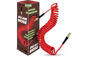WHISPERING WONDER 1/4 in x 25 ft Polyurethane Air Hose with Bend Restrictor, Air Compressor Hose with 1/4 Solid 100% Pure Copper Quick Connect Fittings and I/M Plug Kit, Red
