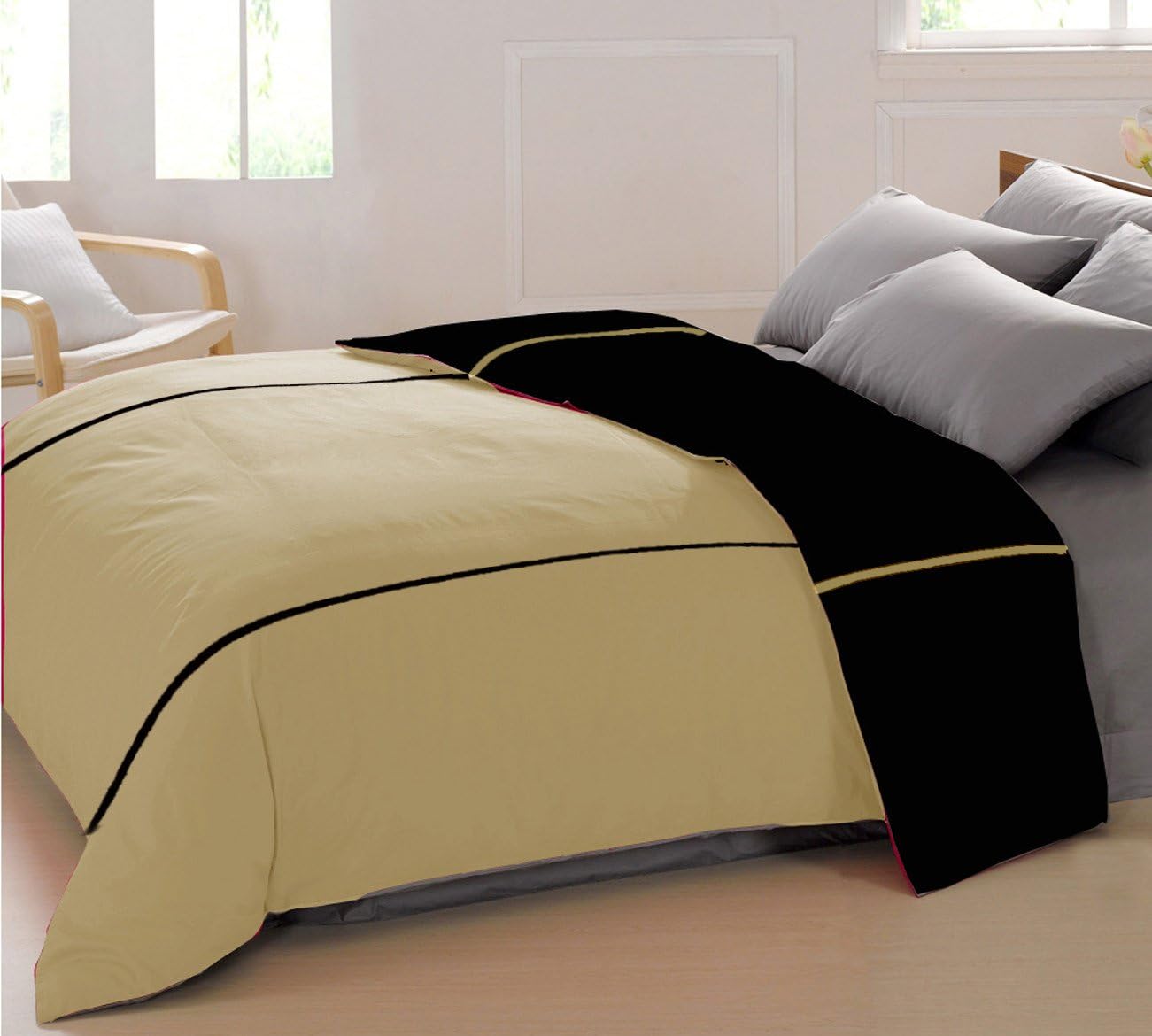 AURAVE Mercerised Cotton 220 TC Duvet Cover (60"x90"_Black & Khaki)