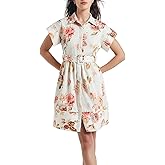 D-Sun Women Button Down Shirt Dress V-Neck Floral Printed Short Sleeve Mini Dress Casual Belted Short Party with Pocket