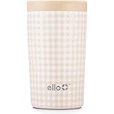Ello Jones 11oz Insulated Stainless Steel Travel Mug with Leak-Proof Slider Lid, Single Serve Small Coffee Tumbler, Keeps Drinks Hot 3 Hours Cold 8 Hours, BPA-Free, Beige Gingham