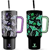 Meoky 40 oz Glow in the Dark Tumbler with Handle and Straw, Tumbler with Lid and Straw, Insulated Stainless Steel Travel Mug, 100% Leak-proof, Keeps Cold for 34 Hours (Butterfly)