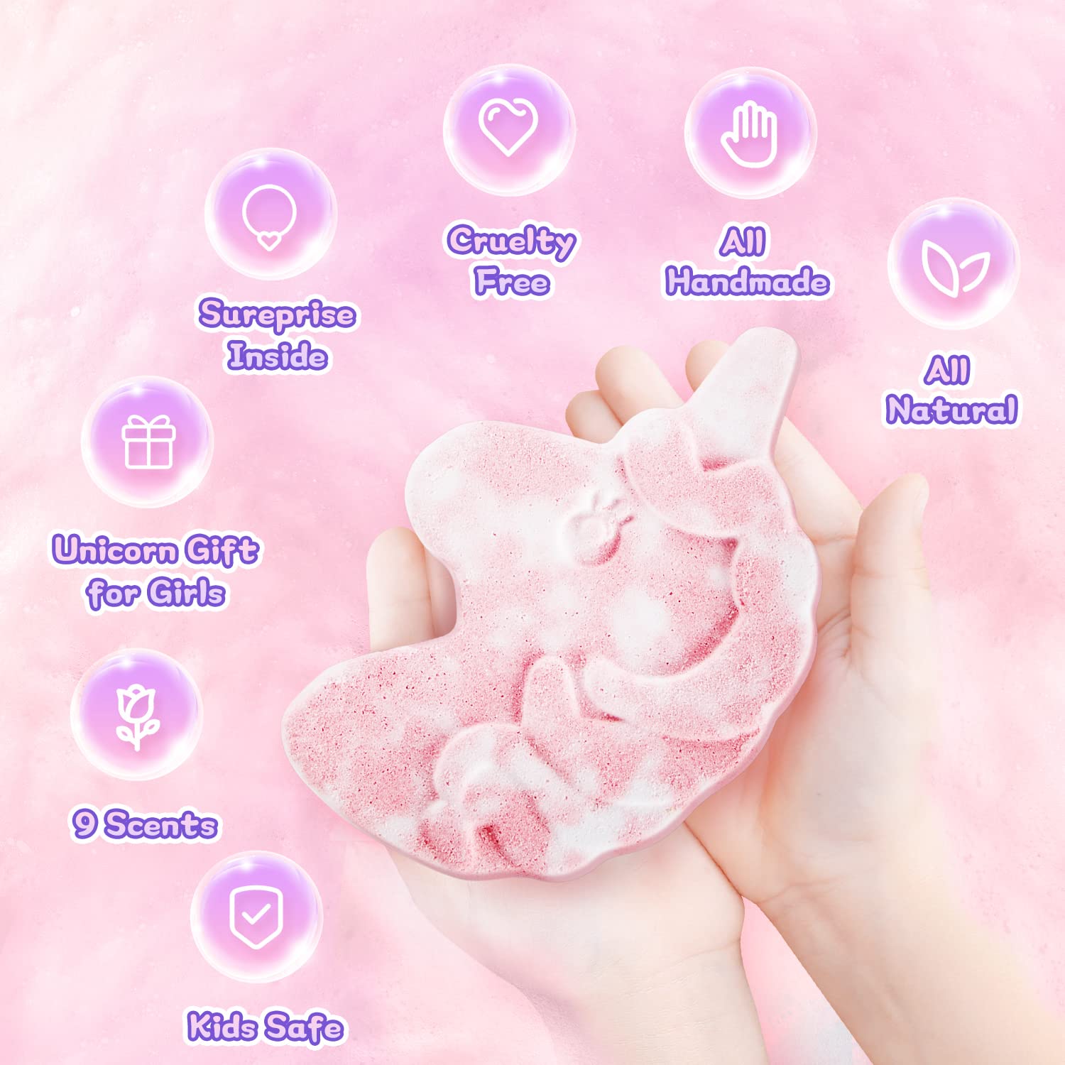 Kids Bath Bombs with Surprise Inside,9 Pack Unicorn Bath Bombs for Girls-5 with Surprise Toys,Including Jewelry Toys,Natural Organic Kids Bubble Bath with Fruity Scents,Relaxing Aromas,Birthday Gift