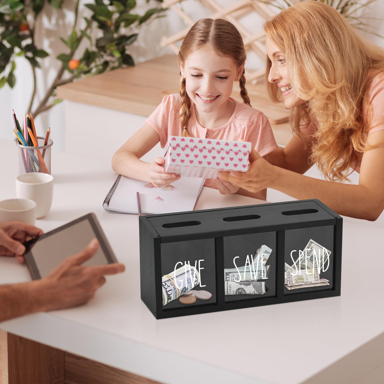 Wooden Give Save Spend Money Saving Box for Kids, Countertop Kid Piggy Bank for Daily Cash, Wall-Mount Kids Banks for Bills and Coins, Visualized Piggy Bank for Bedroom, Living Room, Laundry Room…
