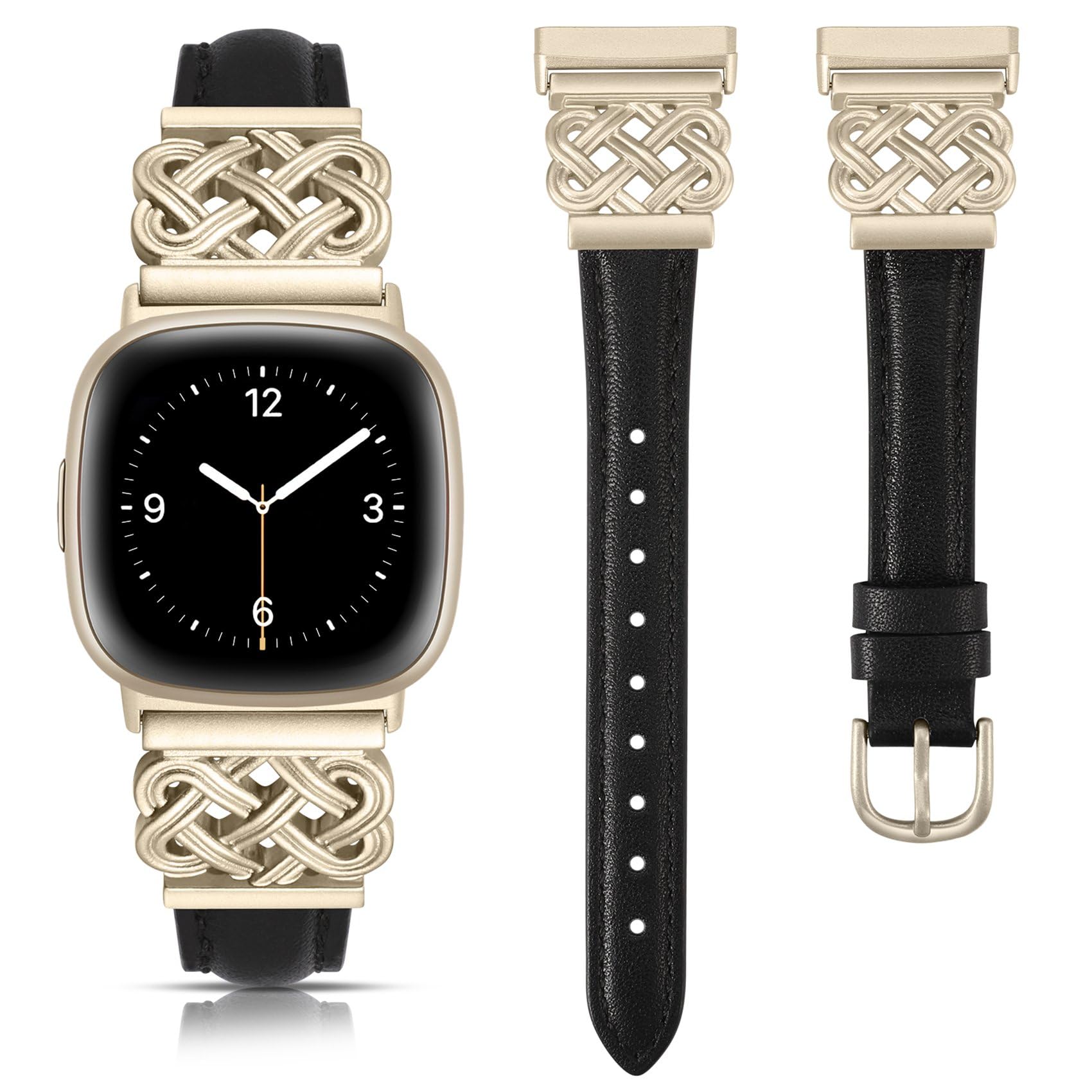 TOYOUTHS Leather Straps Compatible with Fitbit Versa 4/Versa 3/Sense 2/Sense Strap Women, Slim Thin Dressy Designer Premium Leather Strap with Interlock Buckle for Versa 4 Sense 2, Black/Champagne