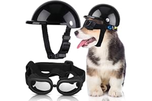 Frienda Dog Helmet and Goggles, UV Protection Doggy Sunglasses and 4 Inch Padded Puppy Motorcycle Helmet Adorable Dog Goggles with Adjustable Belt for Small Dogs Puppy Riding(Black,S)