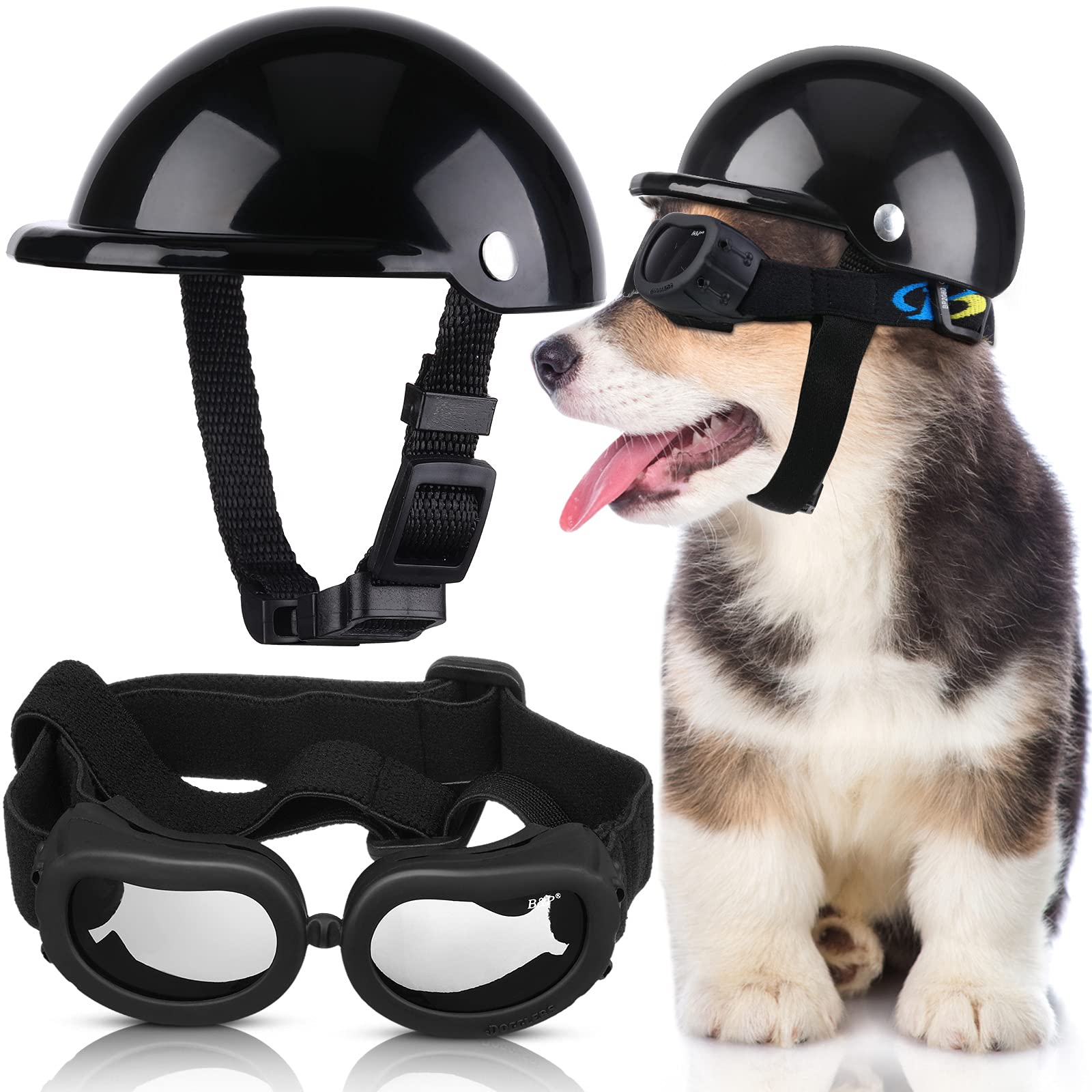 Photo 1 of Frienda Dog Helmet and Goggles, UV Protection Doggy Sunglasses and 4 Inch Padded Puppy Motorcycle Helmet Adorable Dog Goggles with Adjustable Belt for Small Dogs Puppy Riding(Black,S)