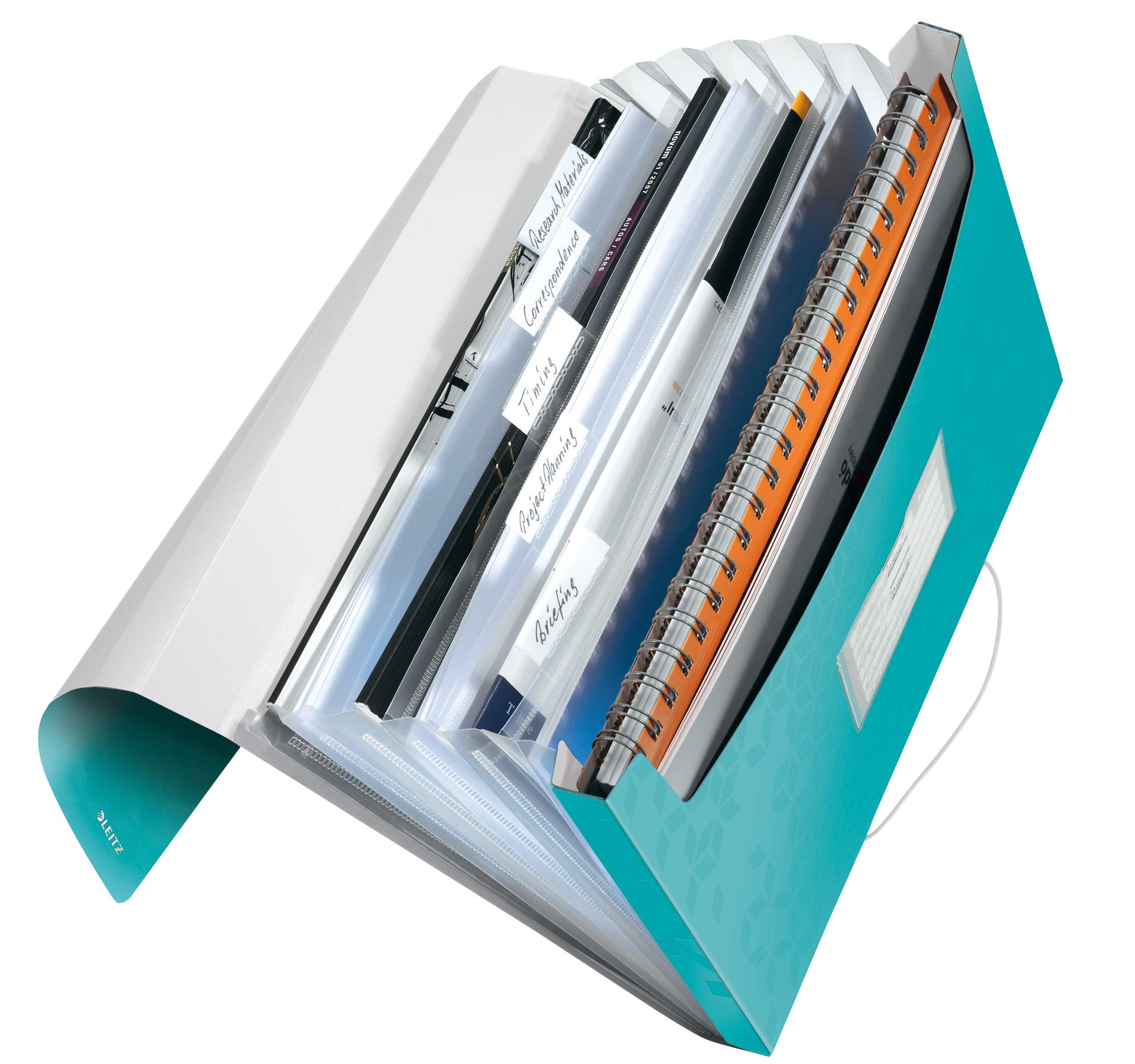 Leitz A4 Expanding File with 6 Compartments, Elastic Band Fastener, Ice Blue, WOW Range, 45890051