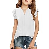 Floral Find Girls Casual Ruffle Short Sleeve V Neck Textured Shirts Summer Dressy Tunic Top Blouses
