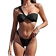 ZAFUL Women's One Shoulder Bikini Twisted Ruched High Cut Bandeau Bikini Set Two Piece Swimsuit