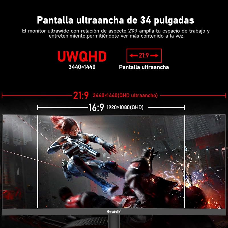 Monitor de gaming ultrawide curvo de 34 polegadas, 165 Hz, 3800R 21:9 UWQHD (3440×1440) Ecrã, 120% sRGB, 1 ms, Adaptive Sync, DisplayPort, HDMI, Suporte Ajustável em Altura - Preto