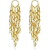 Hius 18K Gold Plated Leaf Hoop Earrings for Women, Long Tassel Dangle Drop Earrings, Chunky Gold Chandelier Earrings