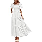 PRETTYGARDEN Womens Summer Puff Short Sleeve Maxi Dress Square Neck Smocked Tiered Ruffle A Line Long Flowy Beach Dresses