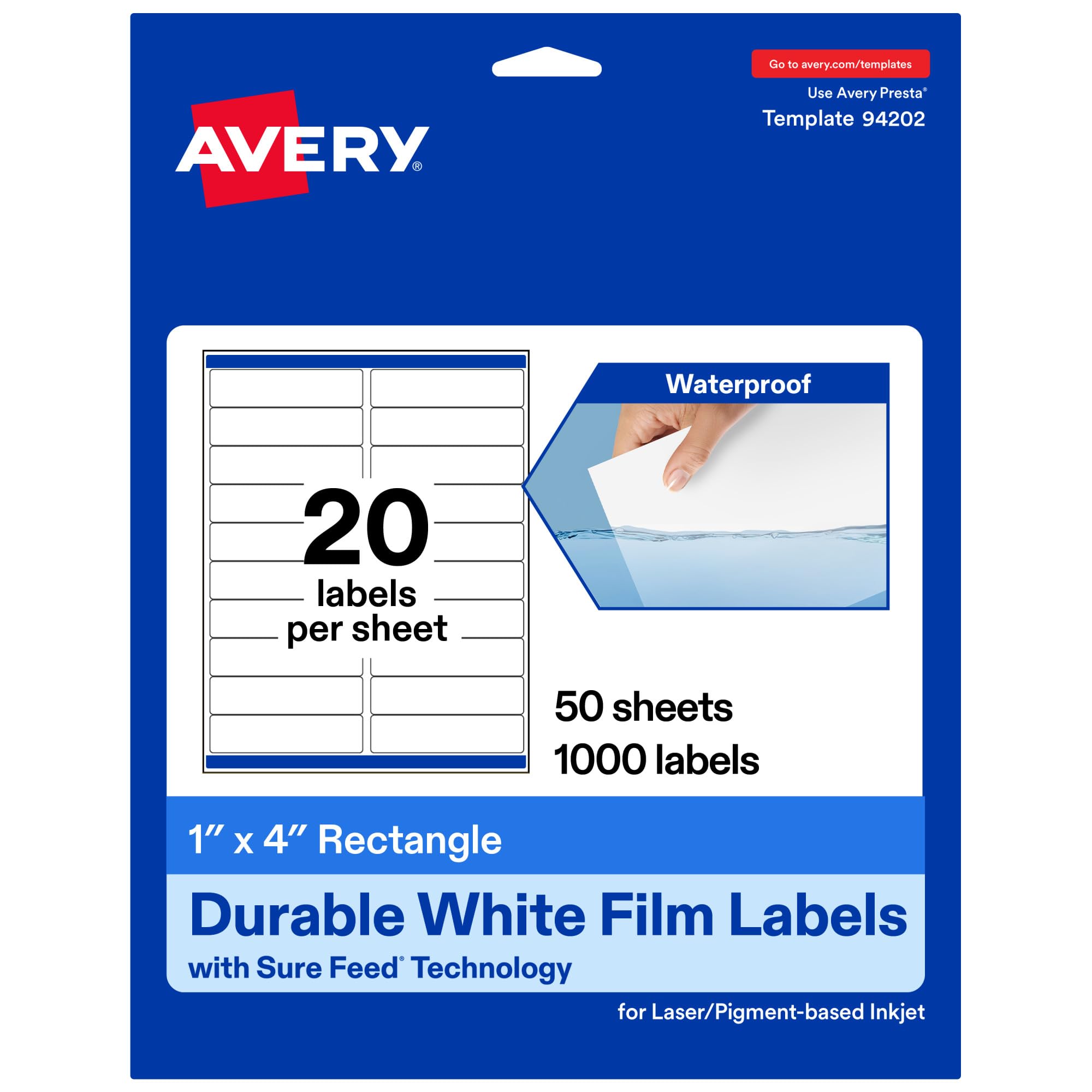 Avery Printable Durable White Rectangle Labels, Sure Feed Technology, 1″ x 4″, Waterproof Labels, Laser & Pigment-Based Inkjet Compatible, 1000 Total, Great for Product Branding, Marketing, and More