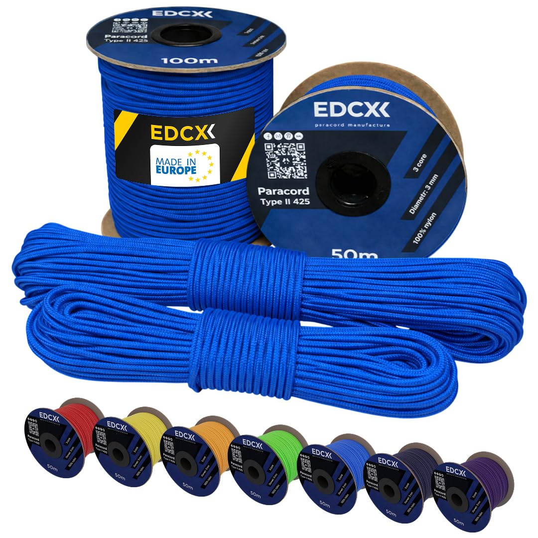 EdcX 3 mm Nylon Paracord 425 (15, 30, 50 and 100m) – 3 mm Type II, 100% Nylon Rope, 3 Strand Rope, in Many Colors (Blue, 15 m)