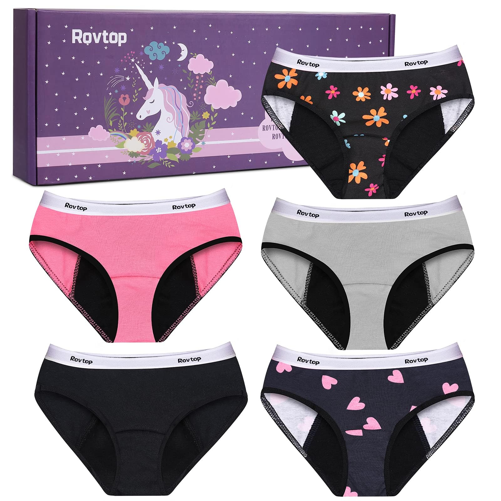 Rovtop Girls Menstrual Period Pants Teenager, Kids 5Pcs Soft Cotton Menstrual Briefs, Period Knickers Girls Leak-Proof, Clean and Washable, Teenage Menstrual Underwear for 8-16 Years(Size XL) Black
