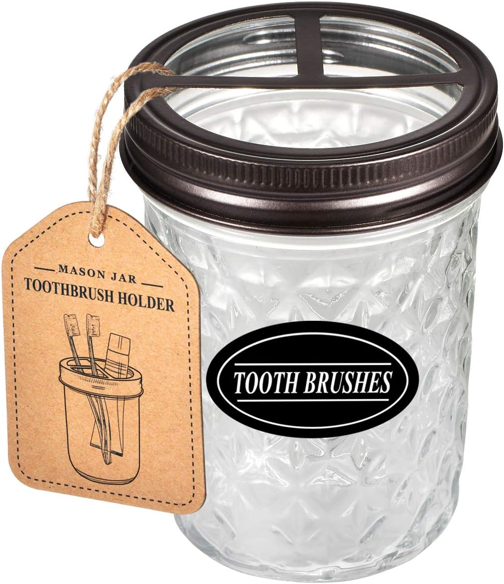 Amolliar Mason Jar Toothbrush Holder- Rustproof Stainless Steel - Holds 2 Toothbrushes and Toothpaste,with Chalkboard Labels - Farmhouse Décor Bathroom Countertop and Vanity Storage Organizer,Bronze: Home & Kitchen
