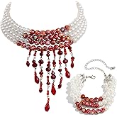 W-Plus Halloween Vampire Costume for Women - Fake Bloody Pearl Vampire Necklace & Bracelet Jewelry Set, Blood Drip Gothic Choker Necklaces for Halloween Costume Accessories & Party Decoration
