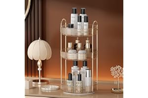 UNICOMVSX Rotating Makeup Organizer for Vanity, Spinning Cosmetics Storage for Bathroom Countertop, Skincare Holder Rack for Facial Cream, Perfume, Lotion, Lipstick (3 Tier, Amber)