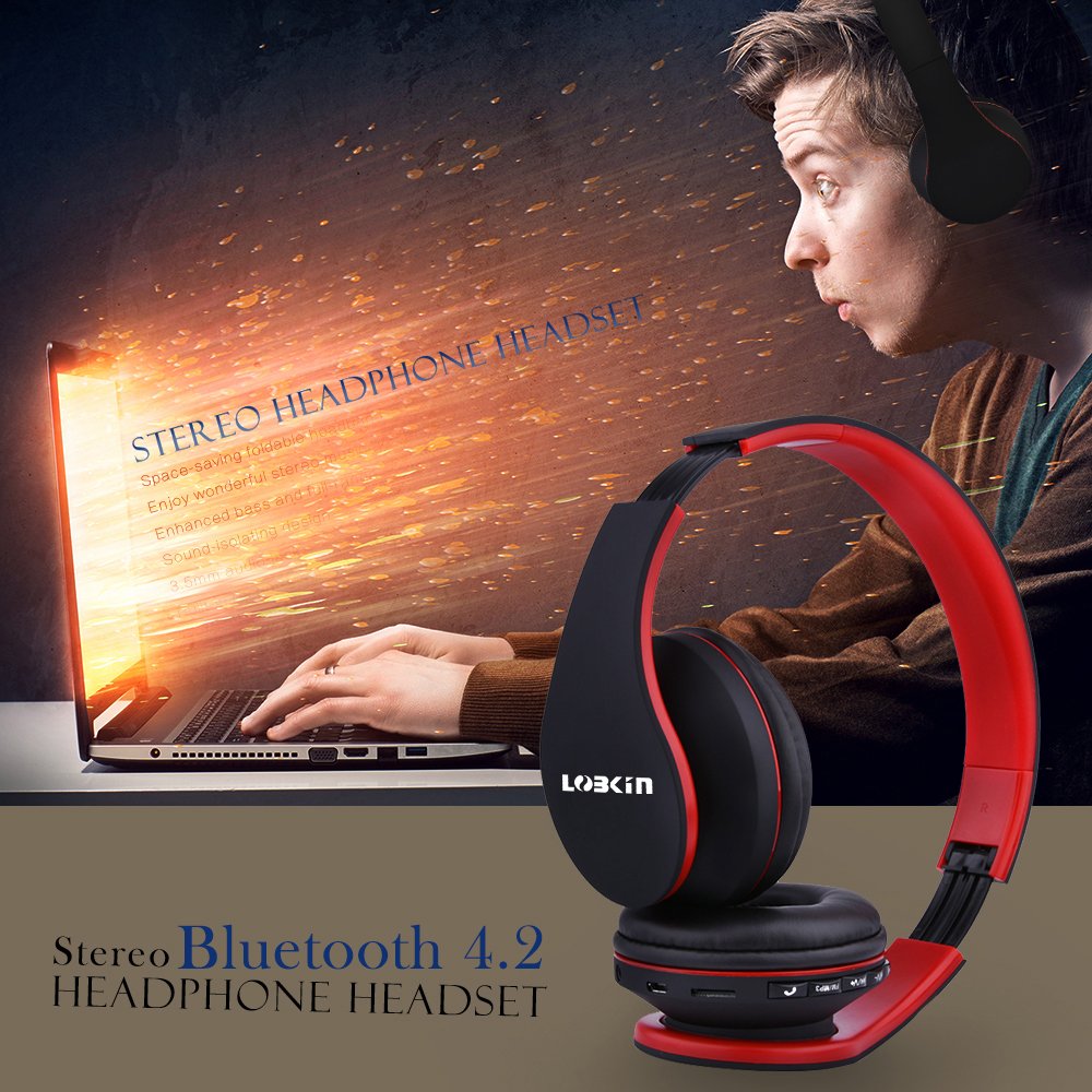 Cuffie Bluetooth LOBKIN Auricolari Stereo con Microfono Bluetooth 4.1 Pieghevole Over-Ear Senza Fili Cuffie con Microfono Ricaricabile Riduzione del Rumore Interno Supporto SD/TF Card (red)
