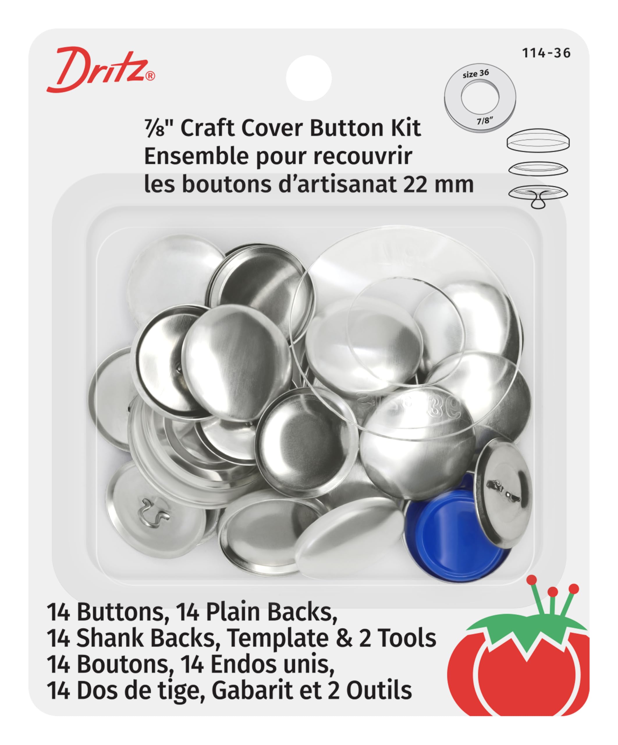 Dritz Craft Cover Button Kits 14/Pkg, Nickel, Size 36 (7/8-Inch)