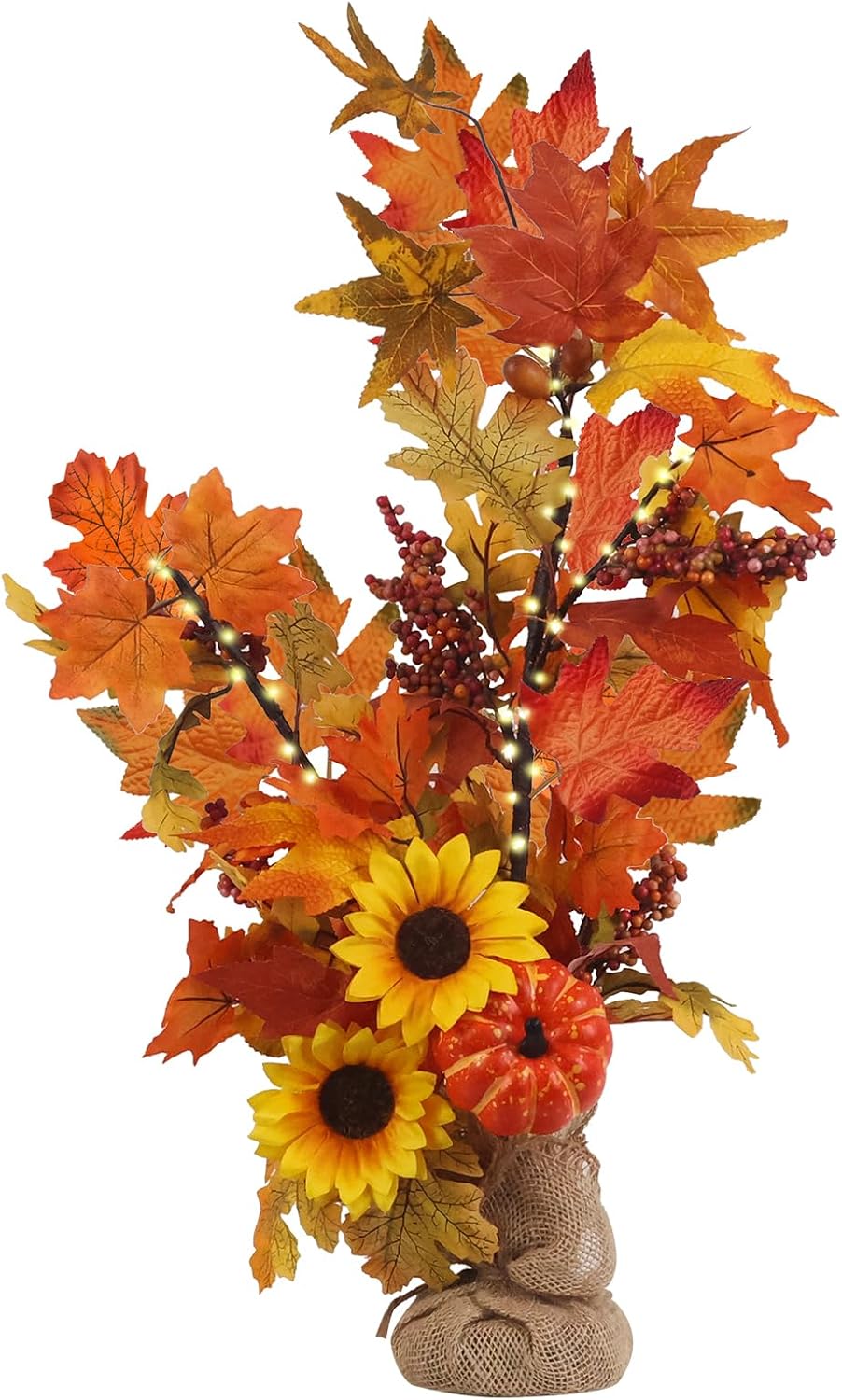 Trees - YEAHOME Fall Decorations for Home, 28 Inch Pre-lit Fall Maple Leaves Tree, Tabletop Fall Decor with 50 LED Lights Berries Sunflowers Pumpkin and Cloth Bag Base Autumn Decoration for Holiday Party