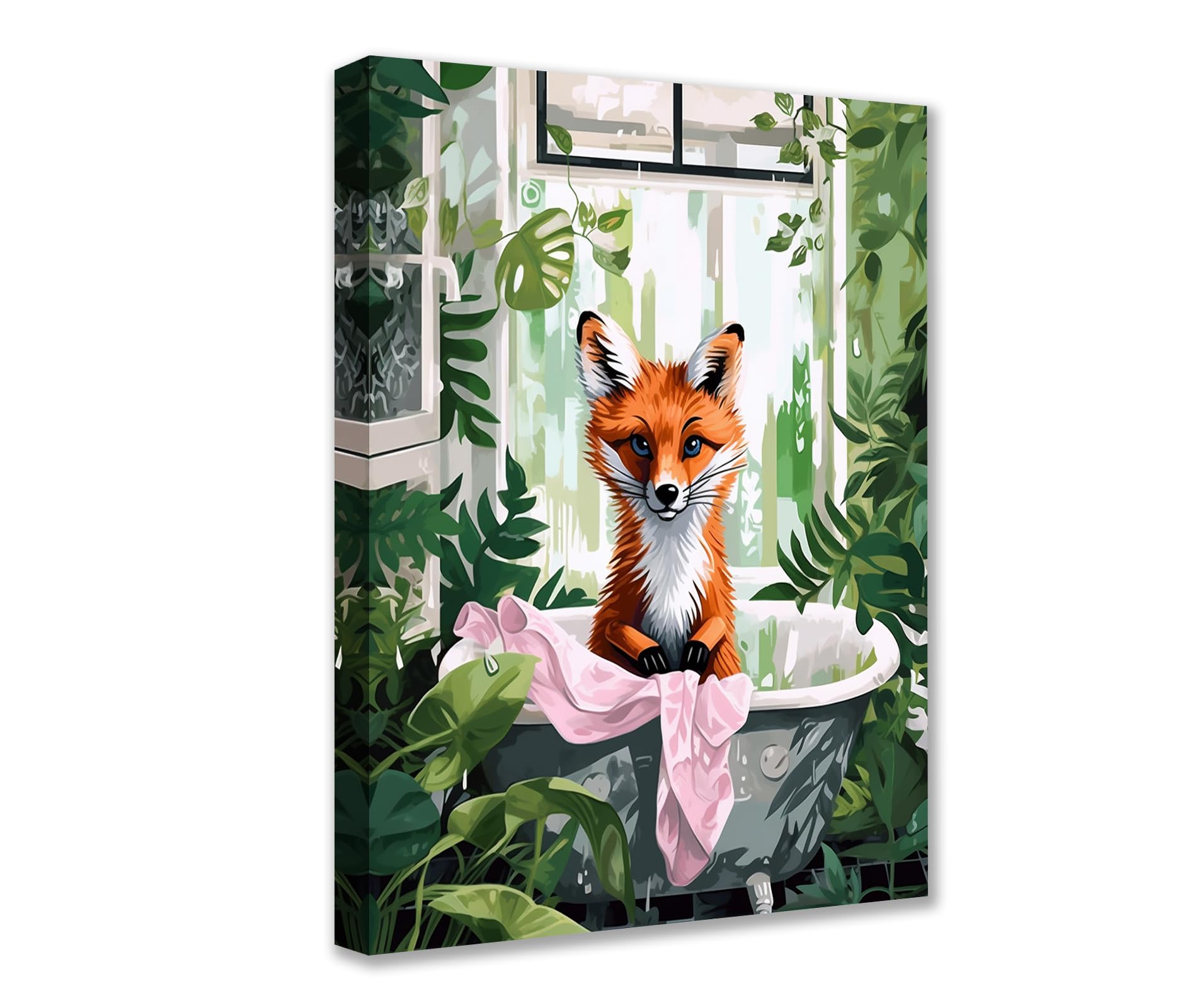 Bathtub Jungle Animal 1P Canvas Room Wall Creative Pictures Animal Poster Prints Bathroom Cute Fox Artwork Funny Bathroom Living Room Home Decor Framed Gallery-Wrapped Ready to Hang 16x24inch