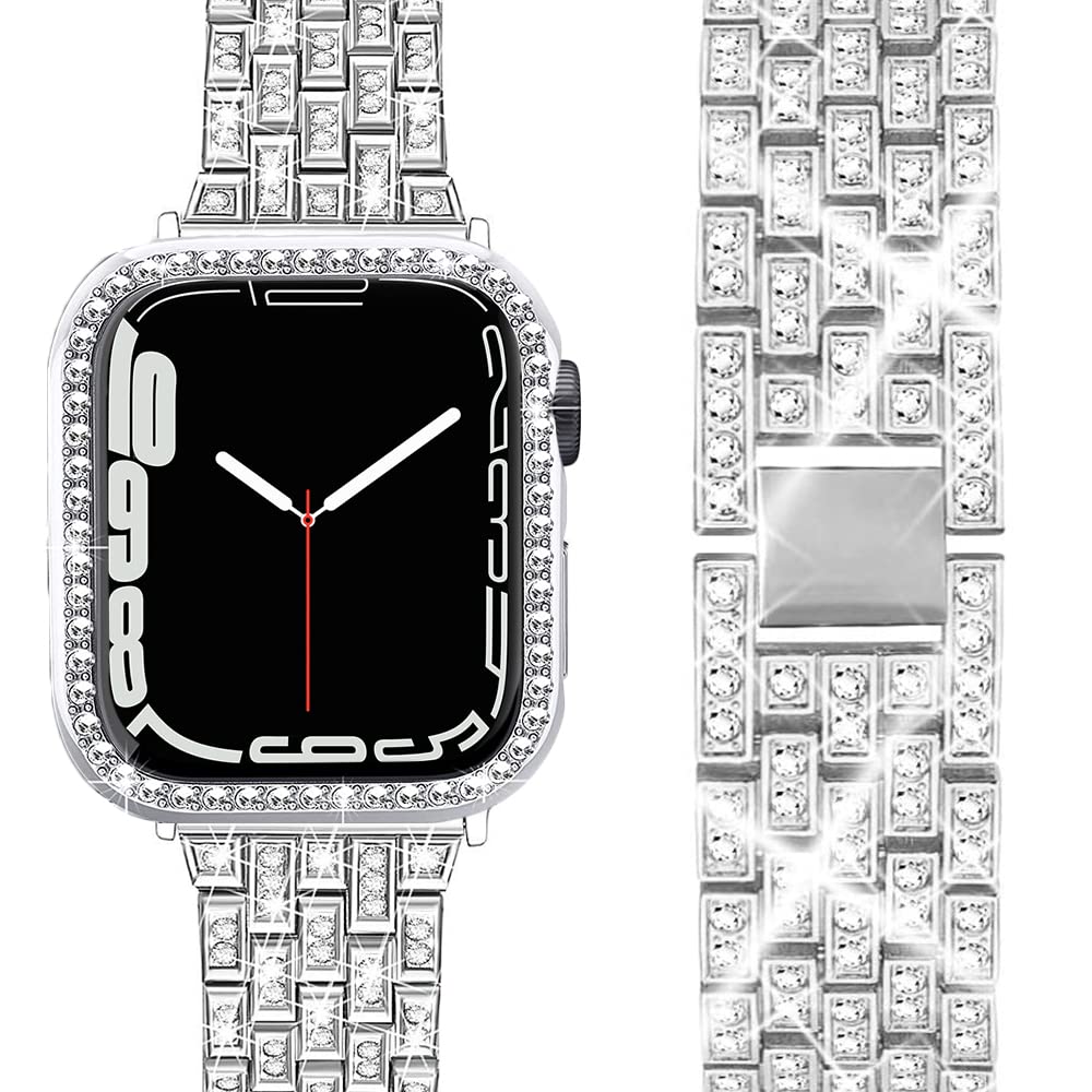Miimall Bracelet Compatible with Apple Watch Series 7 41 mm 45 mm, Bling Women's Crystal Rhinestone Protective Case with Adjustable Stainless Steel Metal Bracelets for Apple Watch 41 mm, Silver