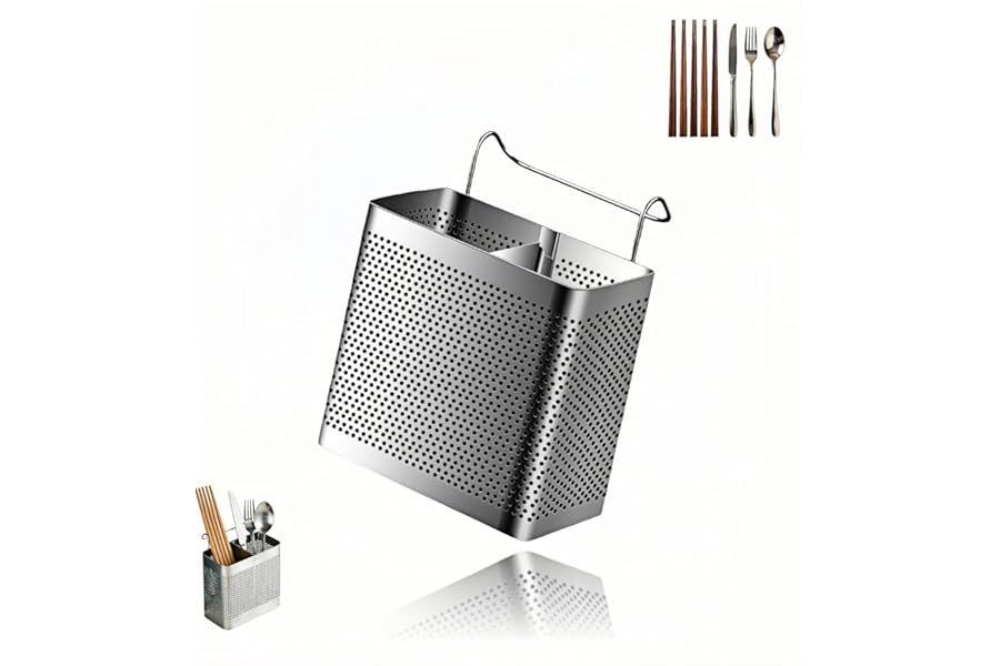 RyanDesign Stainless Steel Utensil Holder for Kitchen Counter, 2 Compartment Cutlery Organizer with Hooks, Dishwasher Safe Flatware Drying Caddy for Sink & Dish Rack (Brushed Finish)