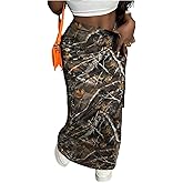 WDIRARA Women's Camo Print Maxi Cargo Skirt Elastic High Waisted Bodycon Skirts with Pockets
