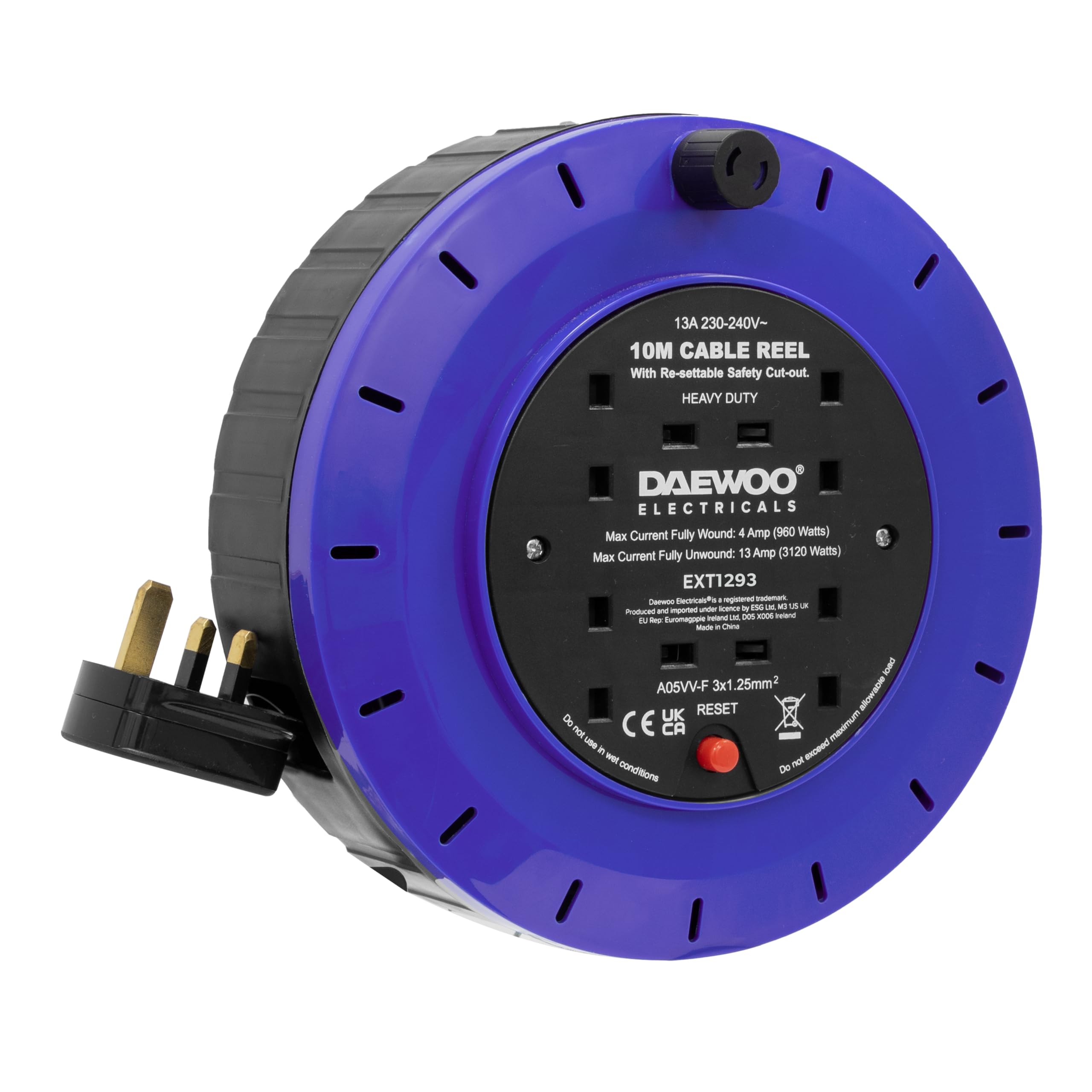 Daewoo Extension Reel, Cassette Reel, 4 Gang, 10 Metre, Black And Blue