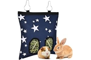 DUCYAK Upgraded Rabbits Hay Feeder Bag for Bunny, Guinea Pigs, Chinchillas - Hanging Washable 2-Hole Hay Dispenser with 600D Oxford Fabric, Small Animal Cage Accessories (Blue Star)