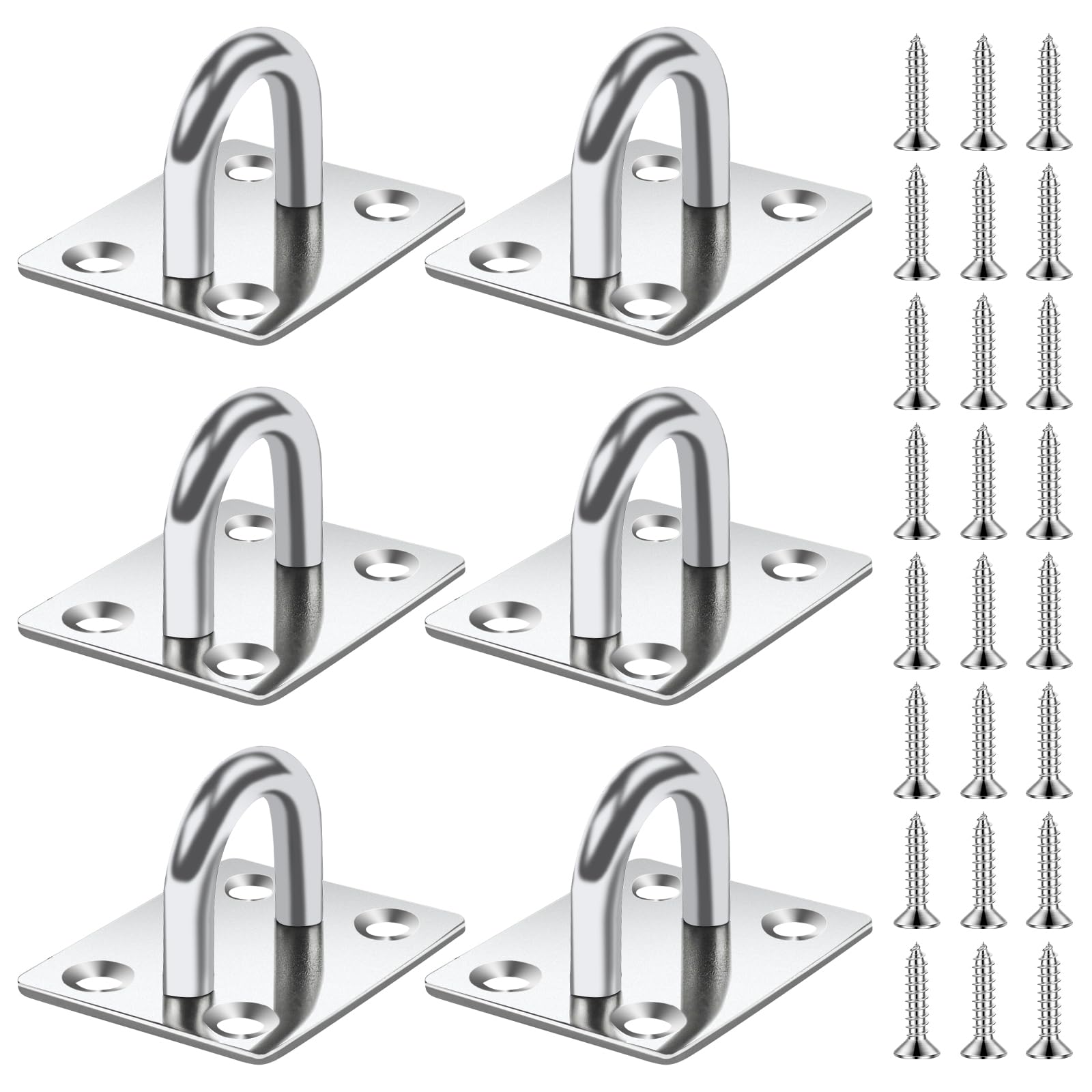 HHXUUAN 6 Pieces M6 Heavy Duty Square Eye Plate Pad Hooks,304 Stainless Metal Suspension U Hooks with 24 Screws for Wall Ceiling Hanging