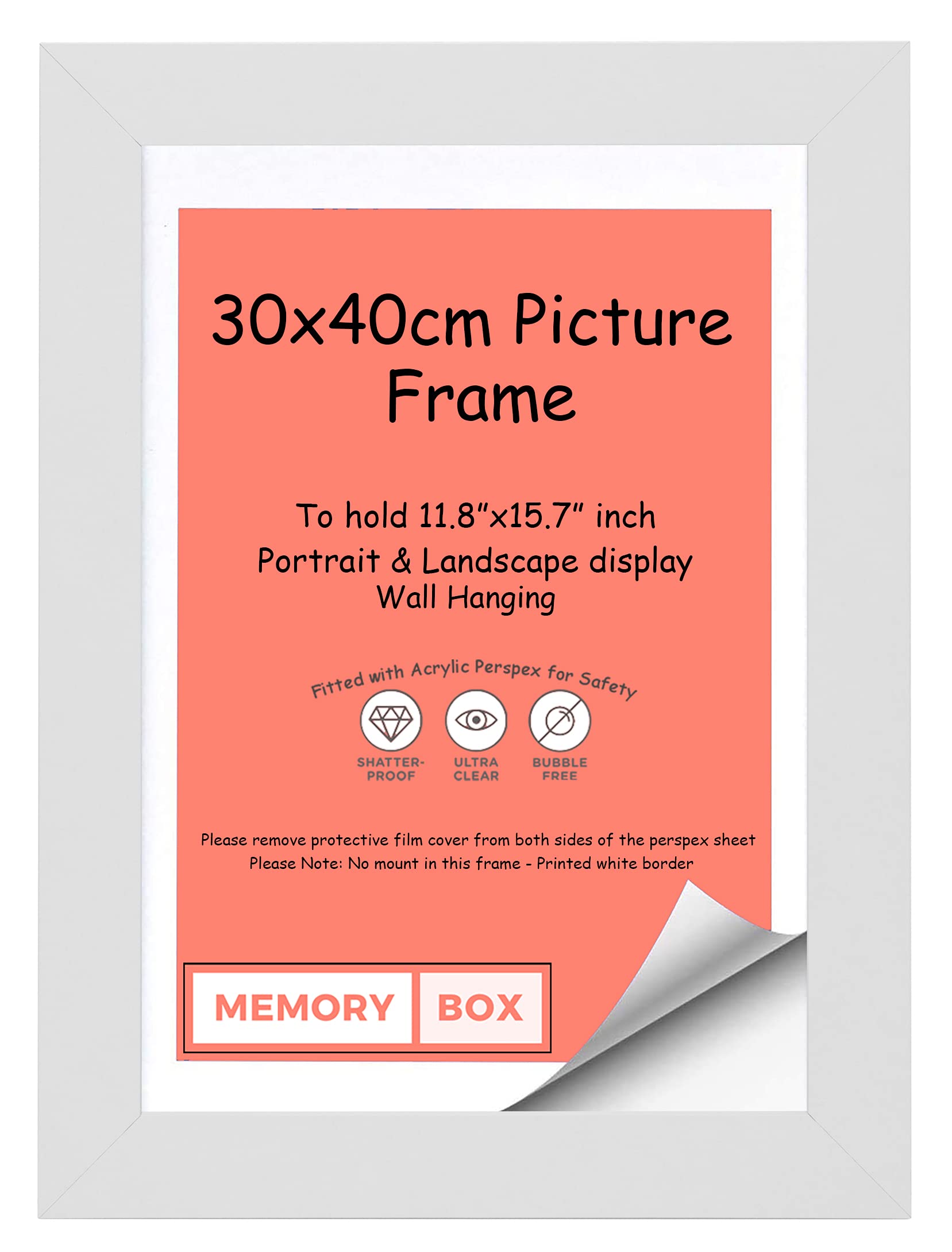 Memory Box Wrapped MDF Picture/Photo/Poster frame with Perspex Sheet - Moulding 30mm Wide and 15mm Deep - (30 x 40cm) White 11.8" x 15.7"