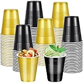 Hauwellter 100 Pcs Black and Gold Plastic Cups 12 oz, Bulk Gold and Black Disposable Party Graduation Cups for Graduation New Year Wedding Birthday Christmas Theme Party Supplies Decorations