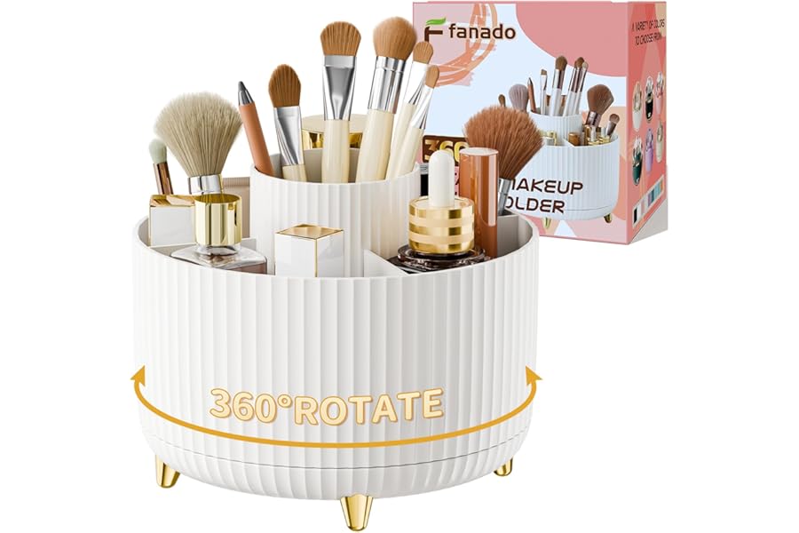 fanado 360° Rotate Makeup Brush Holder Organizer, Makeup Organizers Countertop, Makeup organization and Skincare Storage for Vanity, Desktop, Bathroom (White)