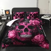 lneffble Black and Pink Skull Butterfly Flower Design Comforter Set Queen Sets，Quilt Queen Size Bedding Set Gothic，Skull Quilts Queen Size，with 1 Comforter with 2 Pillow Case