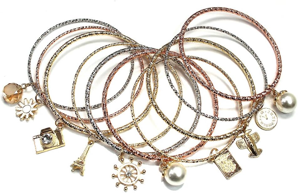 Aris Huge Stack Diamond Cut Charm Bangles Bundle: Bracelets & Bag