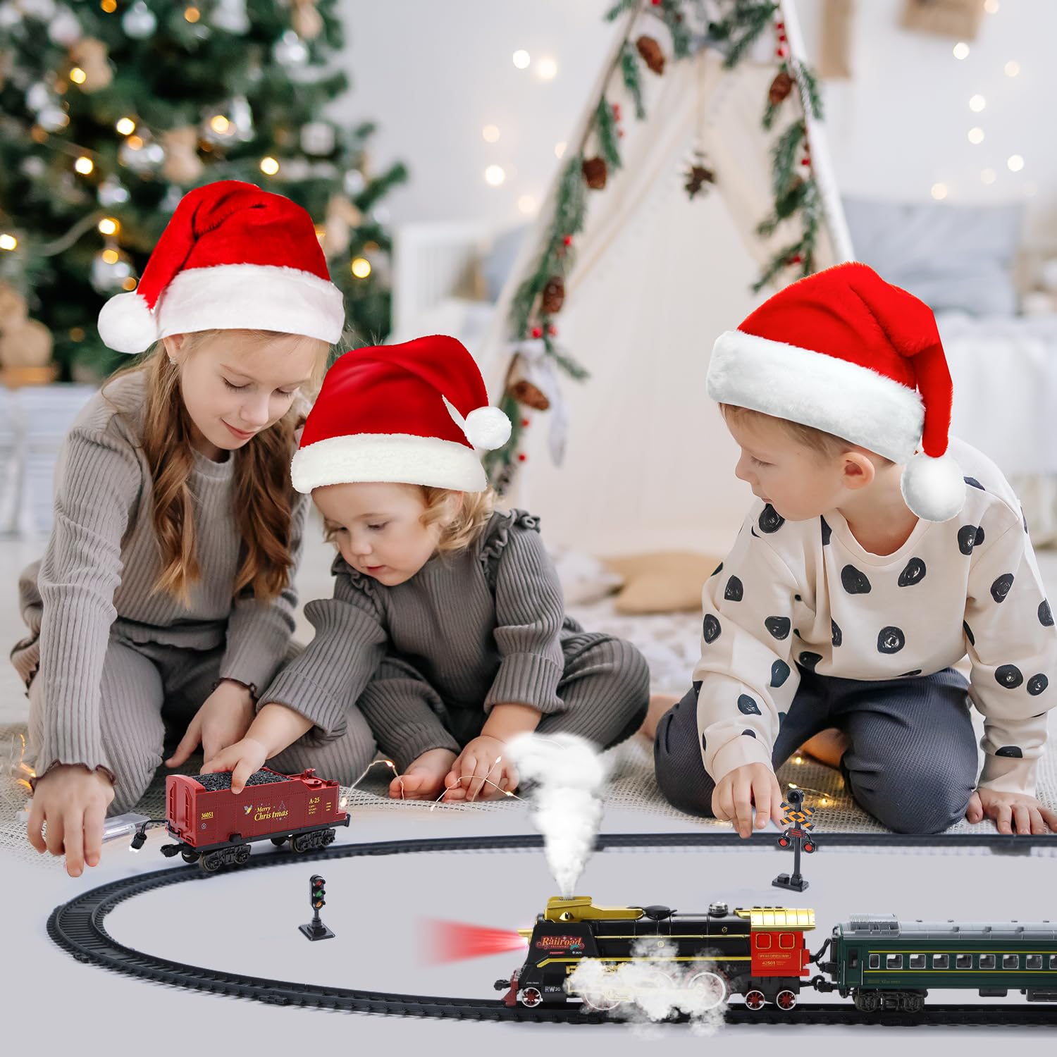 Elektrische Eisenbahn mit Rauch, Sound und Licht, Zugspielzeug mit leuchtenden Waggons Kleinkinder und Kinder, Jungen und Mädchen 2