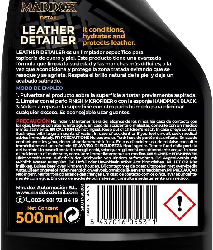 - Detallista de cuero 500 ml | Nettoyant Cuir et Conditionneur | Nettoyage en Profondeur pour Voiture et Canapé | Traitement pour Cuir | Élimine la Saleté et les Taches | Restaure Sièges